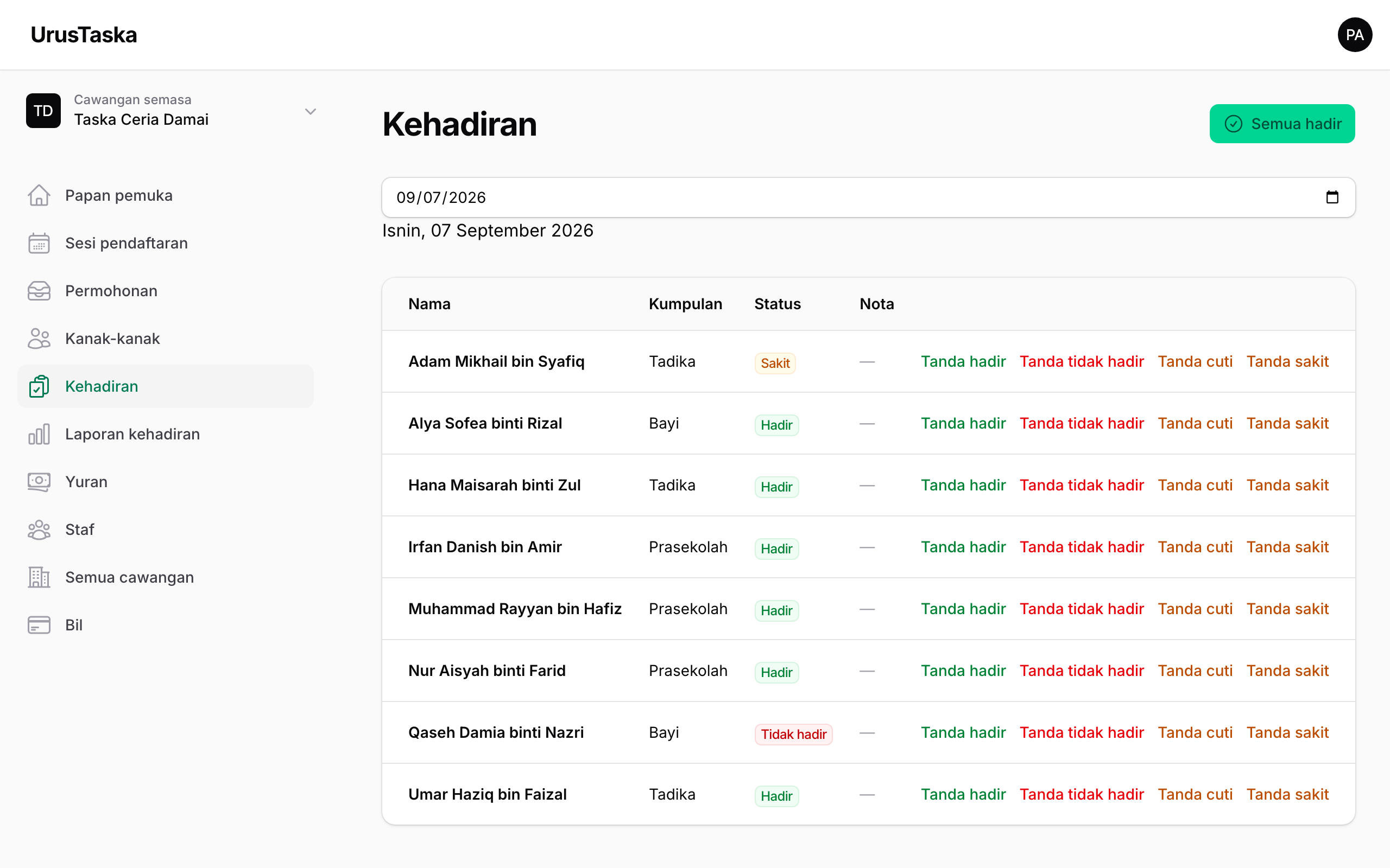 Tangkapan skrin: Kehadiran harian