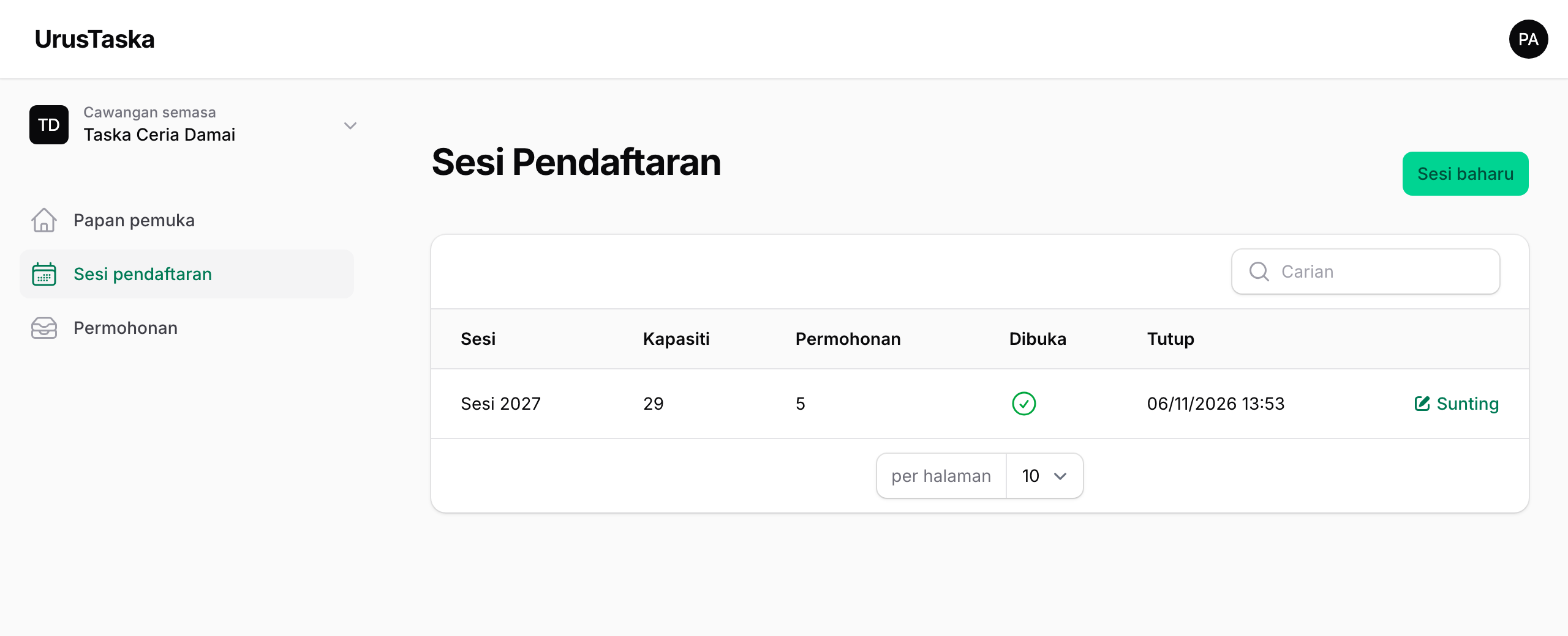Tangkapan skrin: Buka sesi pendaftaran
